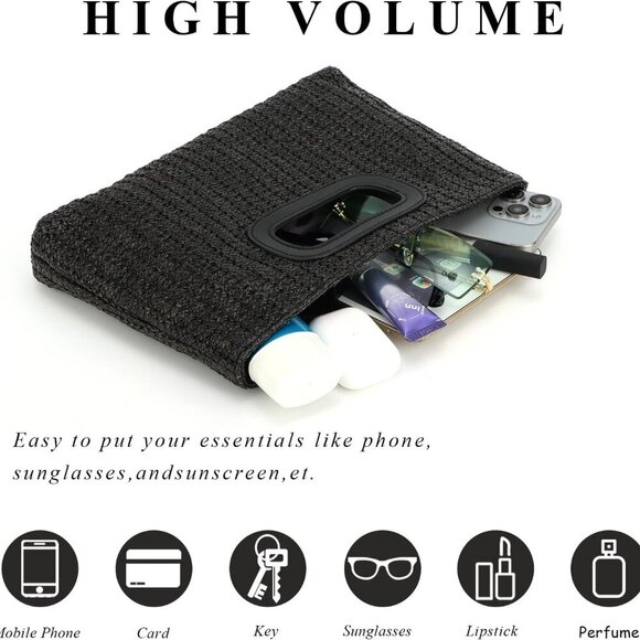 Woven Straw Clutch Handbag Top Handle Crossbody Beach Summer Bag for Women - Picture 3 of 7